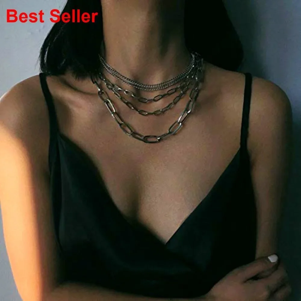 Layered Chain Necklaces Gold Plated Paperclip Chain Silver Tone Choker Punk